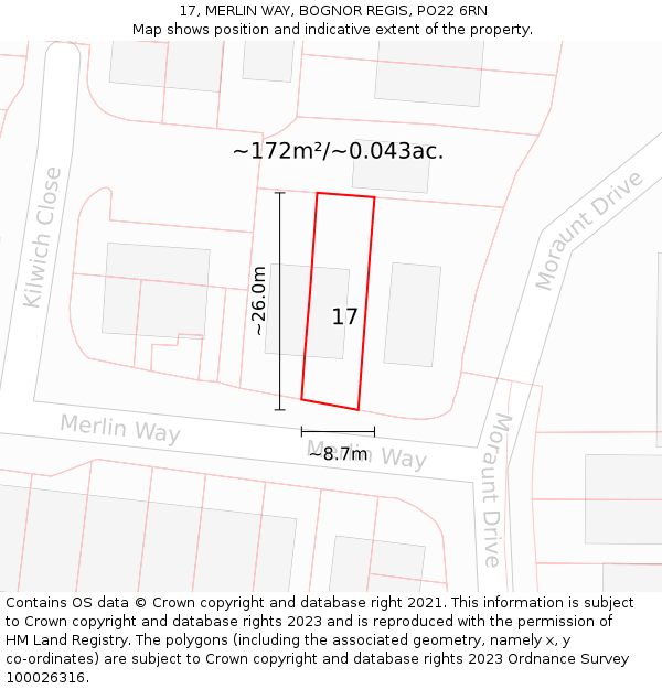 17, MERLIN WAY, BOGNOR REGIS, PO22 6RN: Plot and title map