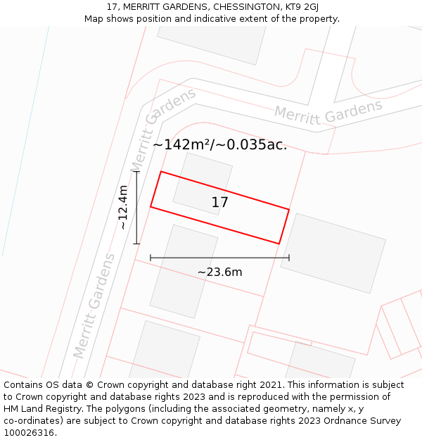 17, MERRITT GARDENS, CHESSINGTON, KT9 2GJ: Plot and title map