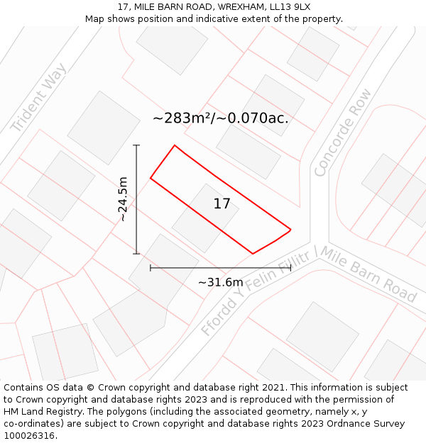 17, MILE BARN ROAD, WREXHAM, LL13 9LX: Plot and title map