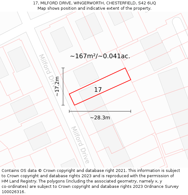 17, MILFORD DRIVE, WINGERWORTH, CHESTERFIELD, S42 6UQ: Plot and title map
