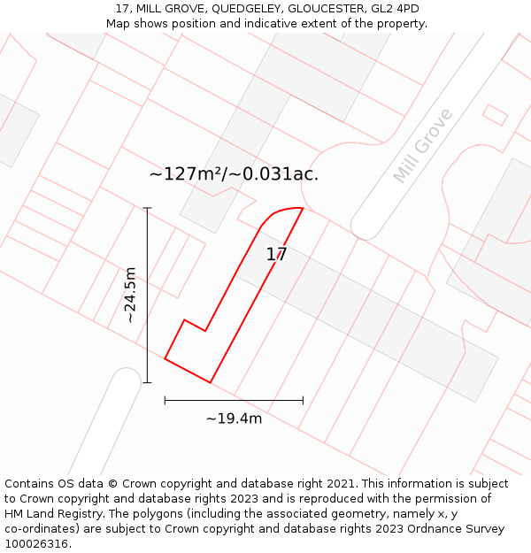 17, MILL GROVE, QUEDGELEY, GLOUCESTER, GL2 4PD: Plot and title map