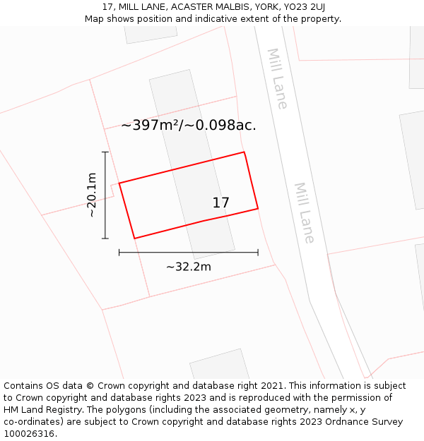 17, MILL LANE, ACASTER MALBIS, YORK, YO23 2UJ: Plot and title map