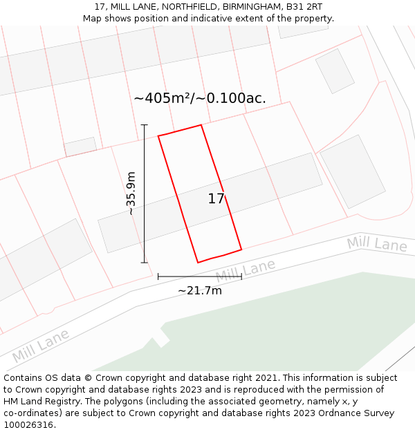 17, MILL LANE, NORTHFIELD, BIRMINGHAM, B31 2RT: Plot and title map