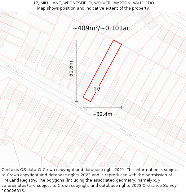17, MILL LANE, WEDNESFIELD, WOLVERHAMPTON, WV11 1DQ: Plot and title map