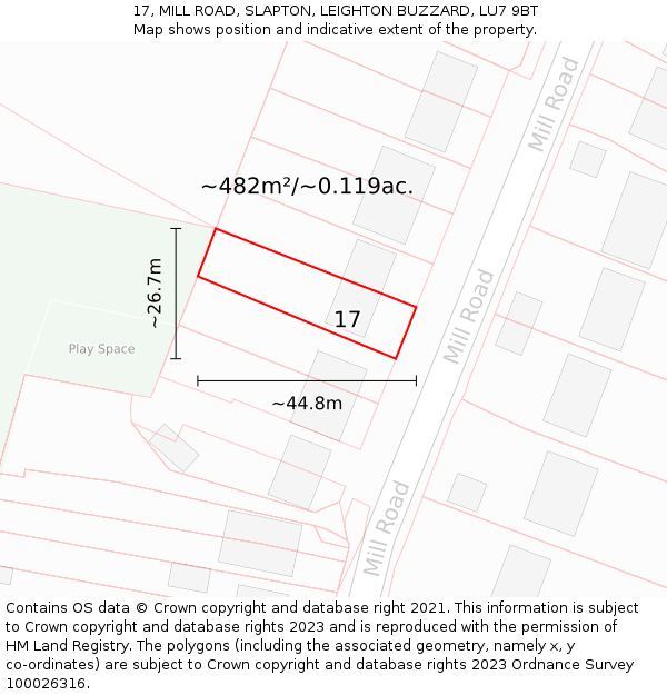 17, MILL ROAD, SLAPTON, LEIGHTON BUZZARD, LU7 9BT: Plot and title map