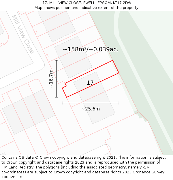 17, MILL VIEW CLOSE, EWELL, EPSOM, KT17 2DW: Plot and title map
