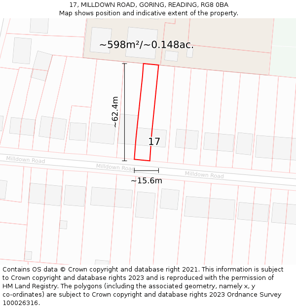 17, MILLDOWN ROAD, GORING, READING, RG8 0BA: Plot and title map