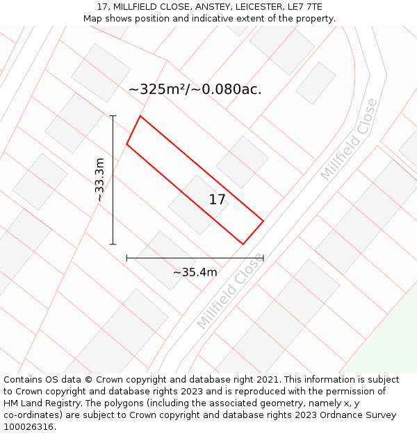 17, MILLFIELD CLOSE, ANSTEY, LEICESTER, LE7 7TE: Plot and title map