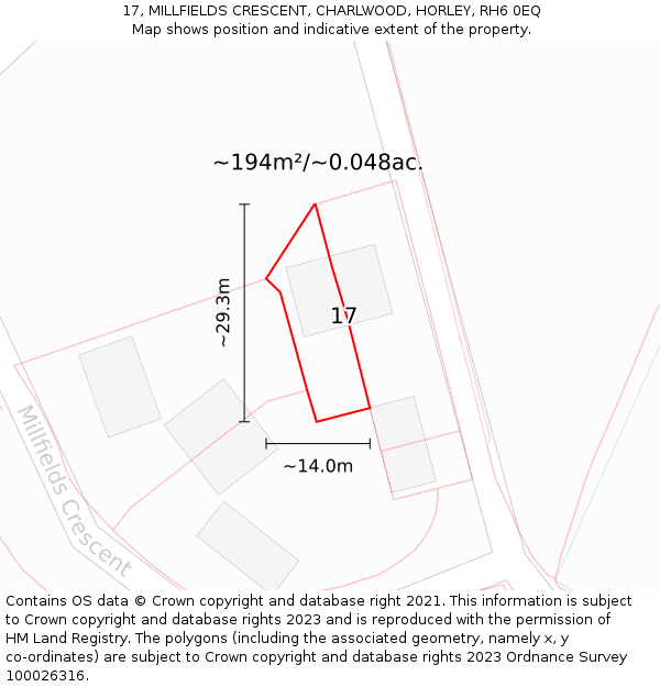 17, MILLFIELDS CRESCENT, CHARLWOOD, HORLEY, RH6 0EQ: Plot and title map