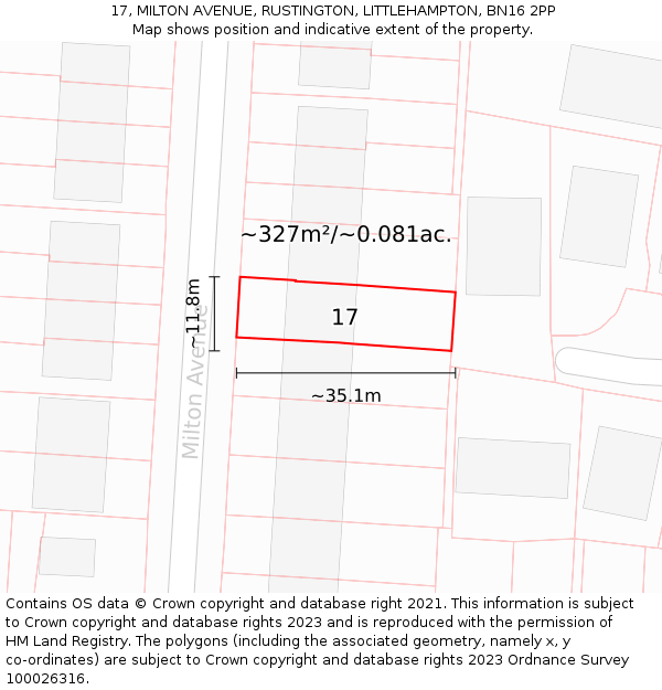 17, MILTON AVENUE, RUSTINGTON, LITTLEHAMPTON, BN16 2PP: Plot and title map
