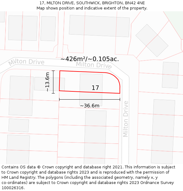 17, MILTON DRIVE, SOUTHWICK, BRIGHTON, BN42 4NE: Plot and title map