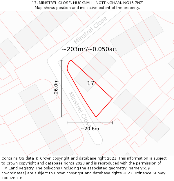 17, MINSTREL CLOSE, HUCKNALL, NOTTINGHAM, NG15 7NZ: Plot and title map