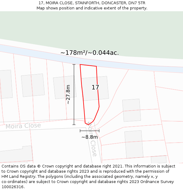 17, MOIRA CLOSE, STAINFORTH, DONCASTER, DN7 5TR: Plot and title map
