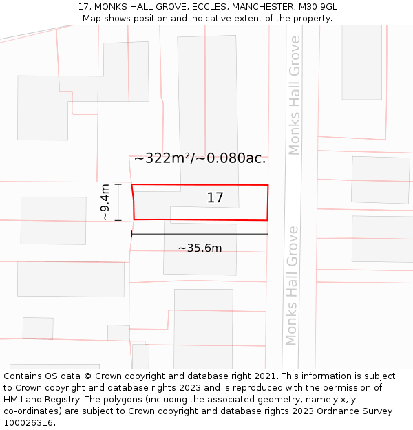 17, MONKS HALL GROVE, ECCLES, MANCHESTER, M30 9GL: Plot and title map