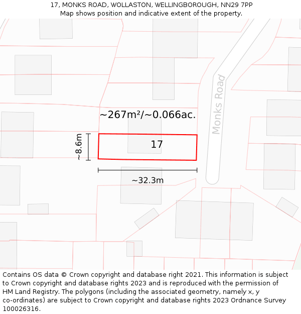 17, MONKS ROAD, WOLLASTON, WELLINGBOROUGH, NN29 7PP: Plot and title map