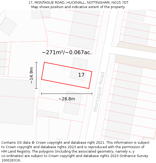 17, MONTAGUE ROAD, HUCKNALL, NOTTINGHAM, NG15 7DT: Plot and title map