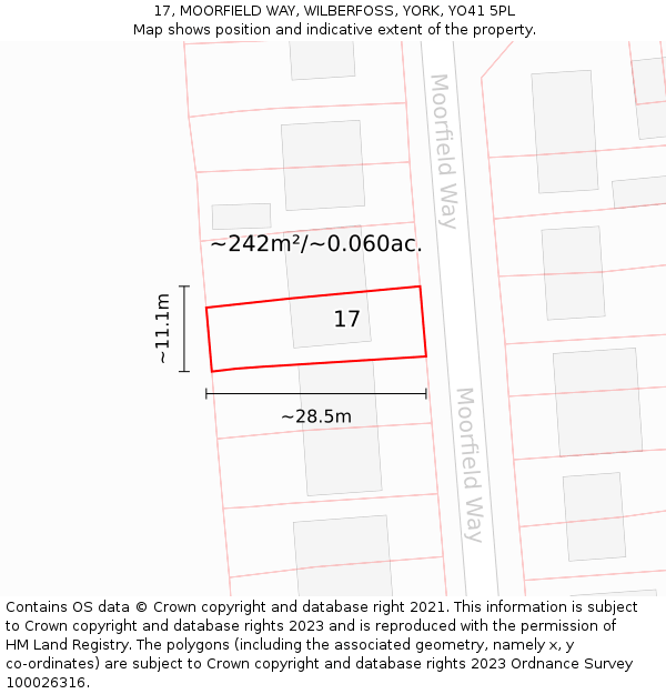 17, MOORFIELD WAY, WILBERFOSS, YORK, YO41 5PL: Plot and title map