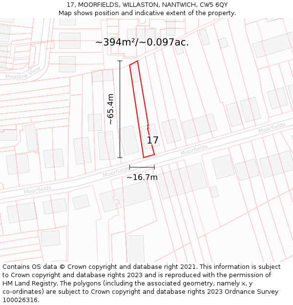 17, MOORFIELDS, WILLASTON, NANTWICH, CW5 6QY: Plot and title map