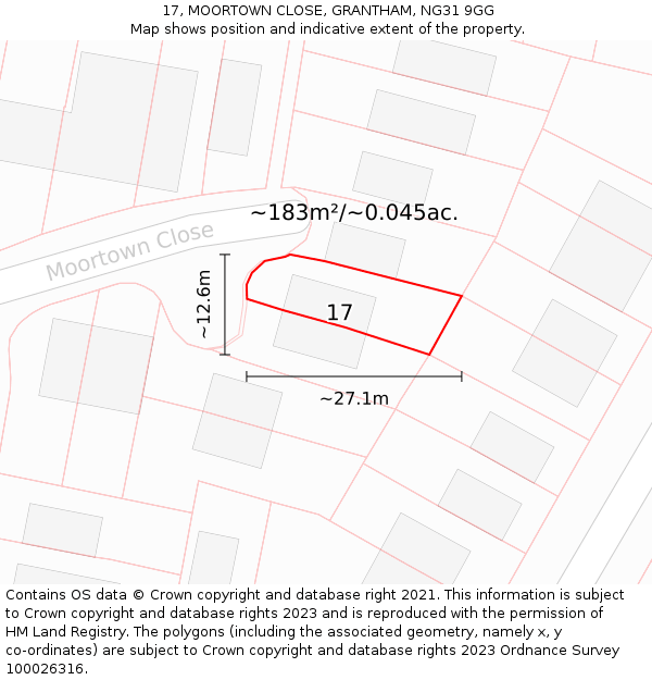 17, MOORTOWN CLOSE, GRANTHAM, NG31 9GG: Plot and title map