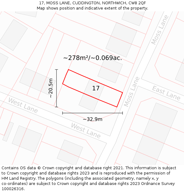 17, MOSS LANE, CUDDINGTON, NORTHWICH, CW8 2QF: Plot and title map
