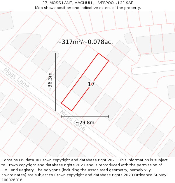 17, MOSS LANE, MAGHULL, LIVERPOOL, L31 9AE: Plot and title map