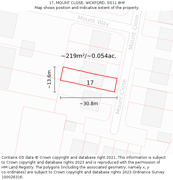 17, MOUNT CLOSE, WICKFORD, SS11 8HF: Plot and title map