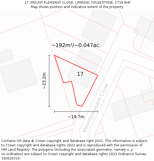 17, MOUNT PLEASANT CLOSE, LYMINGE, FOLKESTONE, CT18 8HF: Plot and title map
