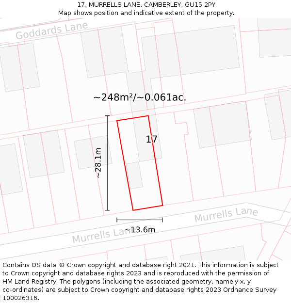 17, MURRELLS LANE, CAMBERLEY, GU15 2PY: Plot and title map