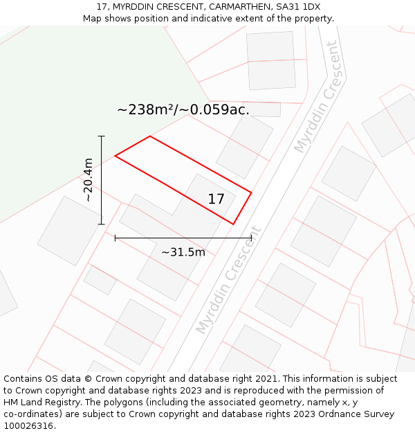 17, MYRDDIN CRESCENT, CARMARTHEN, SA31 1DX: Plot and title map