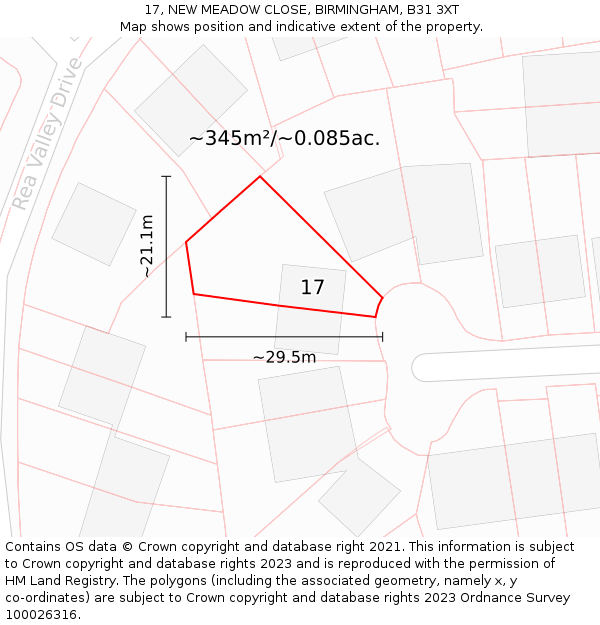17, NEW MEADOW CLOSE, BIRMINGHAM, B31 3XT: Plot and title map