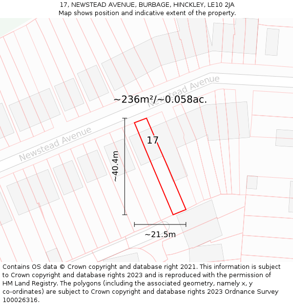 17, NEWSTEAD AVENUE, BURBAGE, HINCKLEY, LE10 2JA: Plot and title map