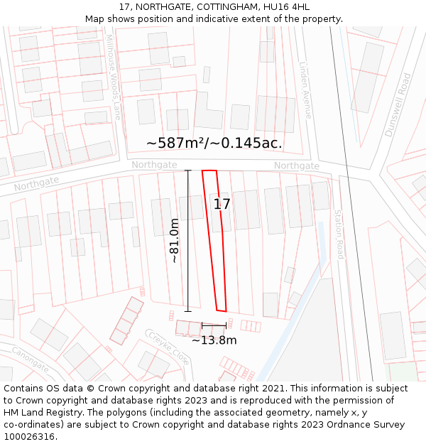 17, NORTHGATE, COTTINGHAM, HU16 4HL: Plot and title map
