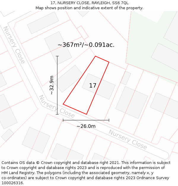 17, NURSERY CLOSE, RAYLEIGH, SS6 7QL: Plot and title map