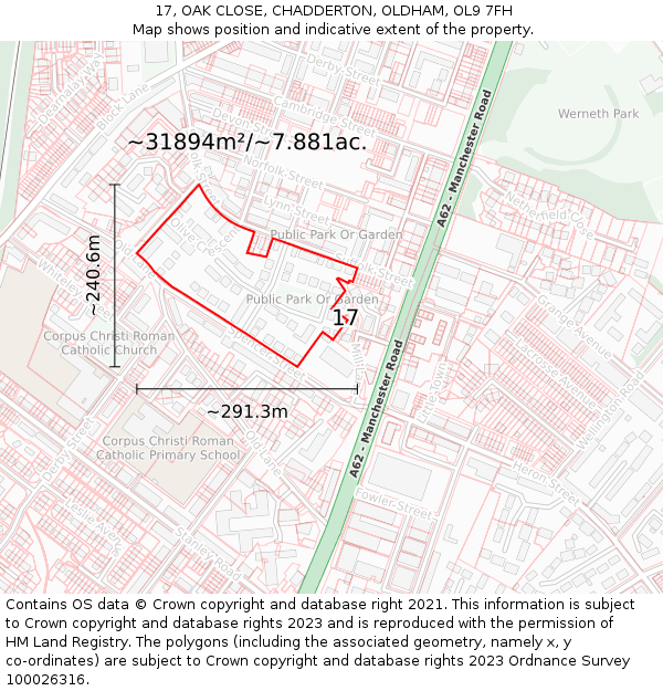 17, OAK CLOSE, CHADDERTON, OLDHAM, OL9 7FH: Plot and title map