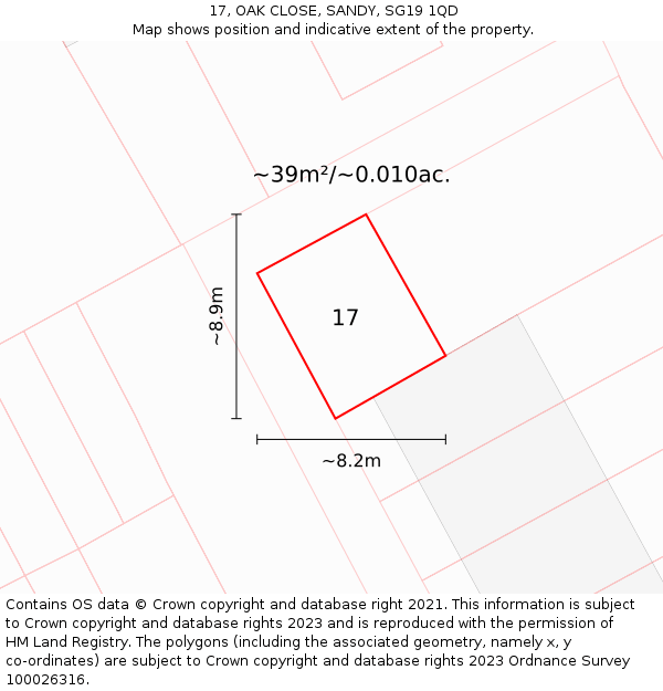 17, OAK CLOSE, SANDY, SG19 1QD: Plot and title map