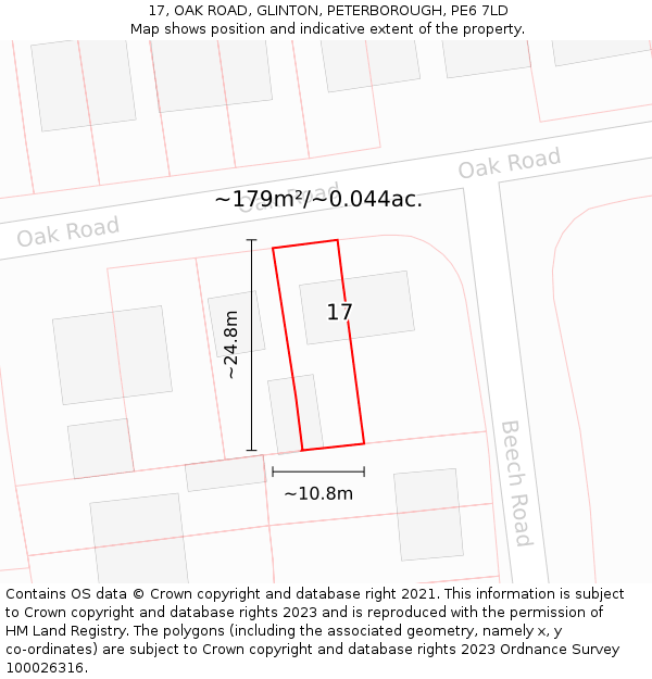 17, OAK ROAD, GLINTON, PETERBOROUGH, PE6 7LD: Plot and title map