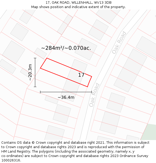 17, OAK ROAD, WILLENHALL, WV13 3DB: Plot and title map