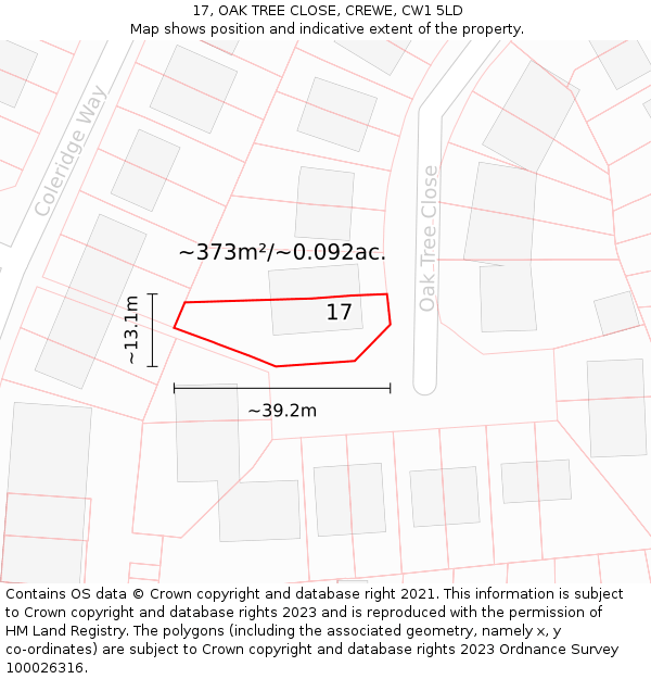 17, OAK TREE CLOSE, CREWE, CW1 5LD: Plot and title map