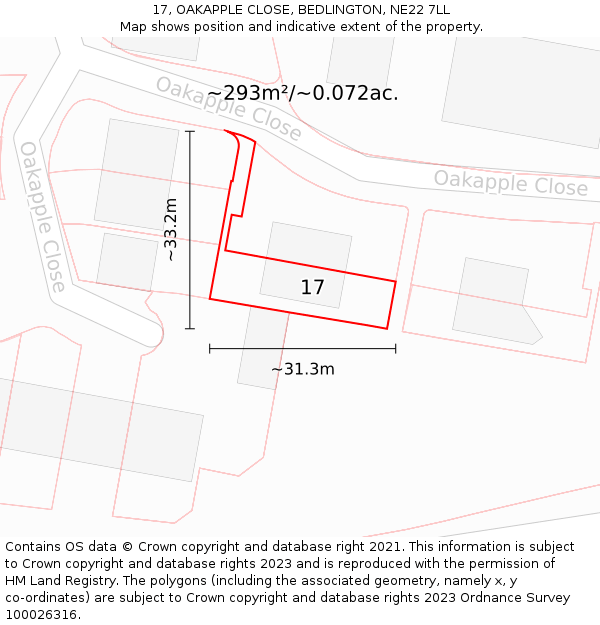 17, OAKAPPLE CLOSE, BEDLINGTON, NE22 7LL: Plot and title map