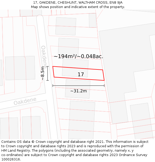 17, OAKDENE, CHESHUNT, WALTHAM CROSS, EN8 9JA: Plot and title map