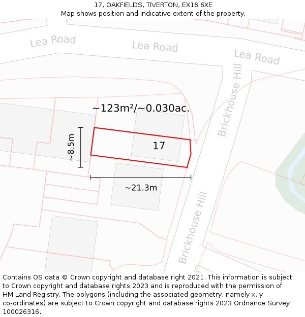 17, OAKFIELDS, TIVERTON, EX16 6XE: Plot and title map