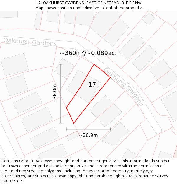 17, OAKHURST GARDENS, EAST GRINSTEAD, RH19 1NW: Plot and title map