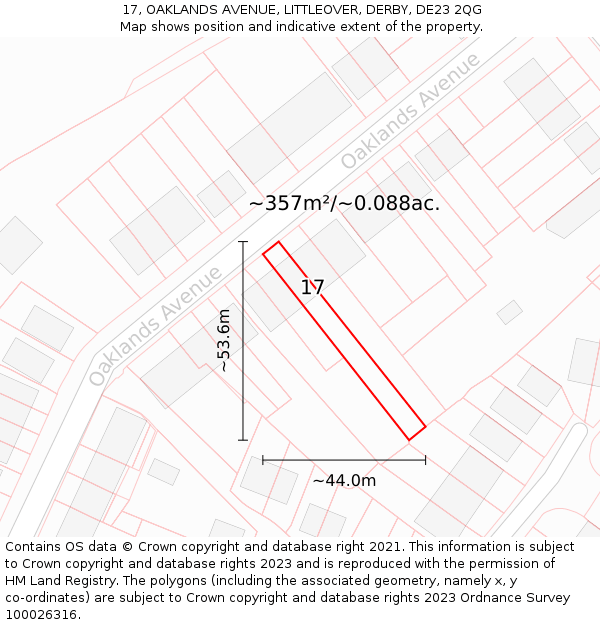 17, OAKLANDS AVENUE, LITTLEOVER, DERBY, DE23 2QG: Plot and title map
