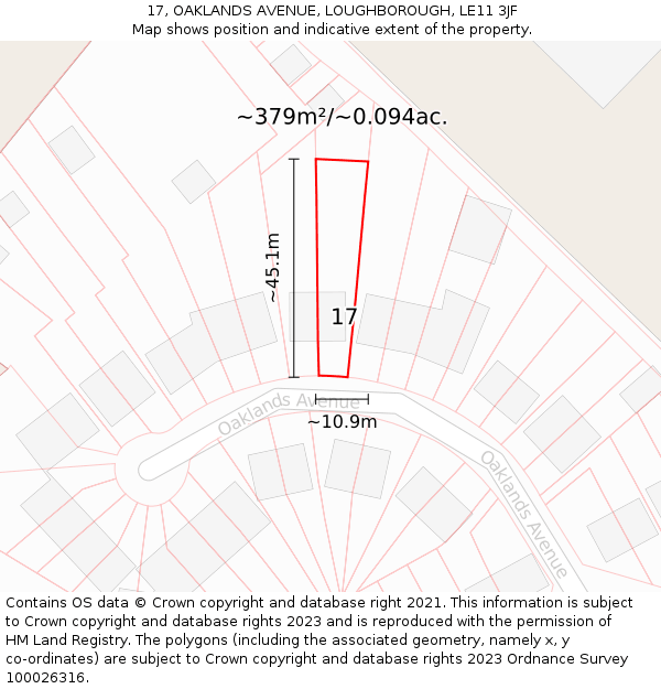 17, OAKLANDS AVENUE, LOUGHBOROUGH, LE11 3JF: Plot and title map