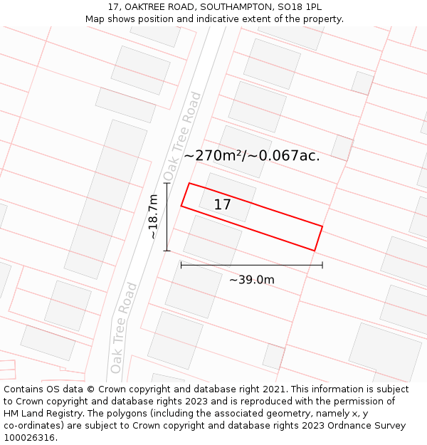 17, OAKTREE ROAD, SOUTHAMPTON, SO18 1PL: Plot and title map