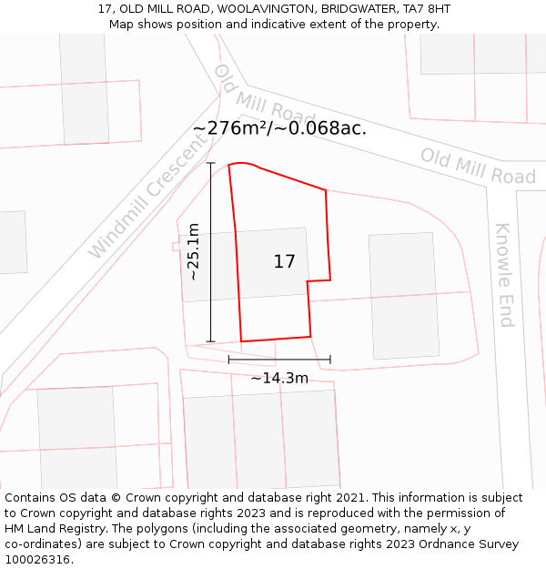 17, OLD MILL ROAD, WOOLAVINGTON, BRIDGWATER, TA7 8HT: Plot and title map