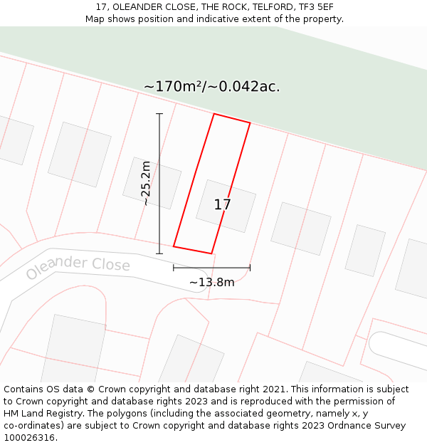 17, OLEANDER CLOSE, THE ROCK, TELFORD, TF3 5EF: Plot and title map