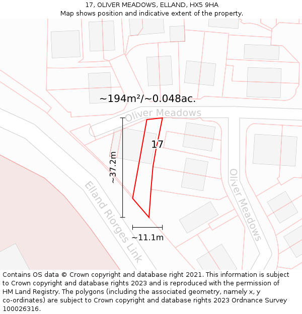 17, OLIVER MEADOWS, ELLAND, HX5 9HA: Plot and title map