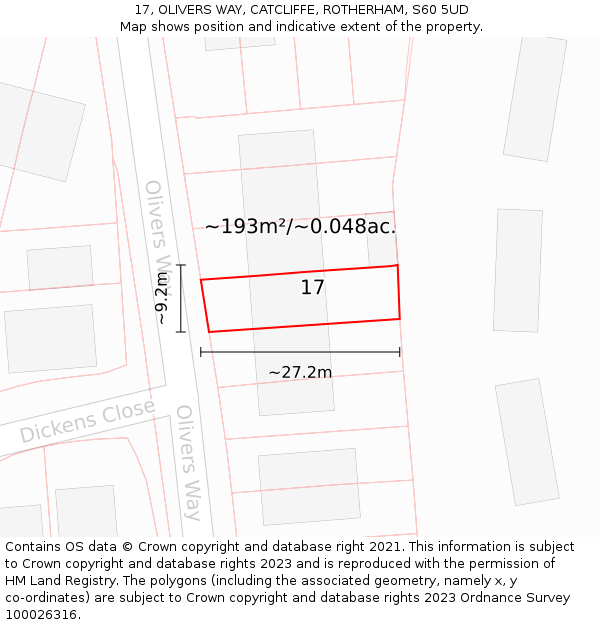 17, OLIVERS WAY, CATCLIFFE, ROTHERHAM, S60 5UD: Plot and title map