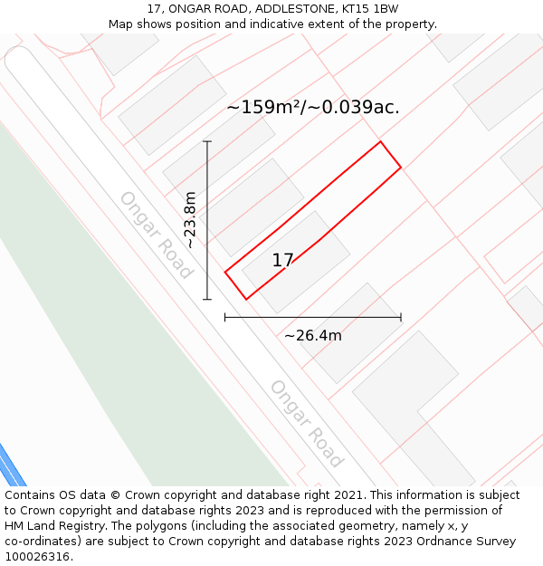 17, ONGAR ROAD, ADDLESTONE, KT15 1BW: Plot and title map